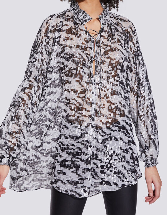 SELLA METALLIC PRINT TIE BLOUSE TOP